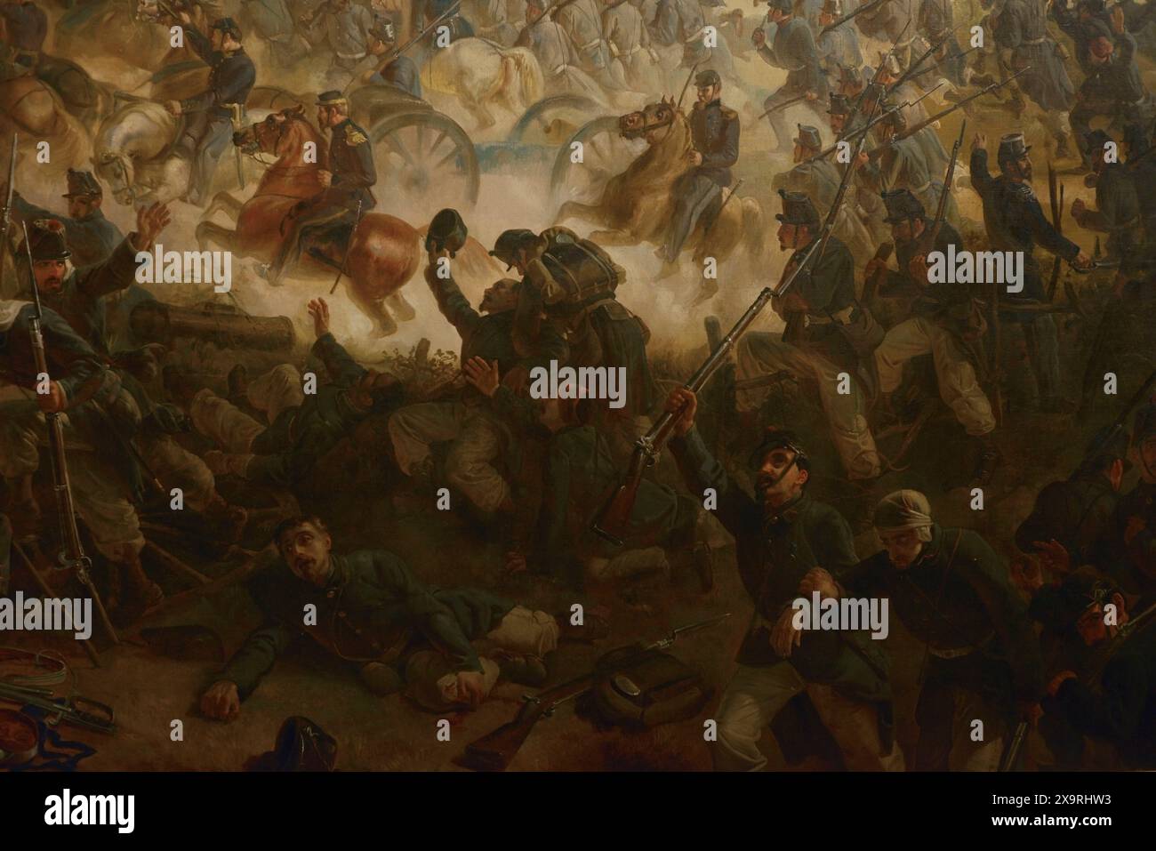 Unification italienne. Seconde Guerre d'indépendance italienne. Bataille de San Martino (24 juin 1859). L'armée autrichienne a été vaincue par les troupes françaises et piémontaises. Il a eu lieu sur les hauteurs de San Martino près de Desenzano del Garda. Tableau de Vincenzo Giacomelli (1841-1890), 1861. Huile sur toile. Détail. Musée du Risorgimento. Milan. Italie. (En prêt, MIBAC Soprintendenza belle Arti e Paesaggio, Milan). Auteur : Vincenzo Giacomelli (1841-1890). Peintre italien. Banque D'Images