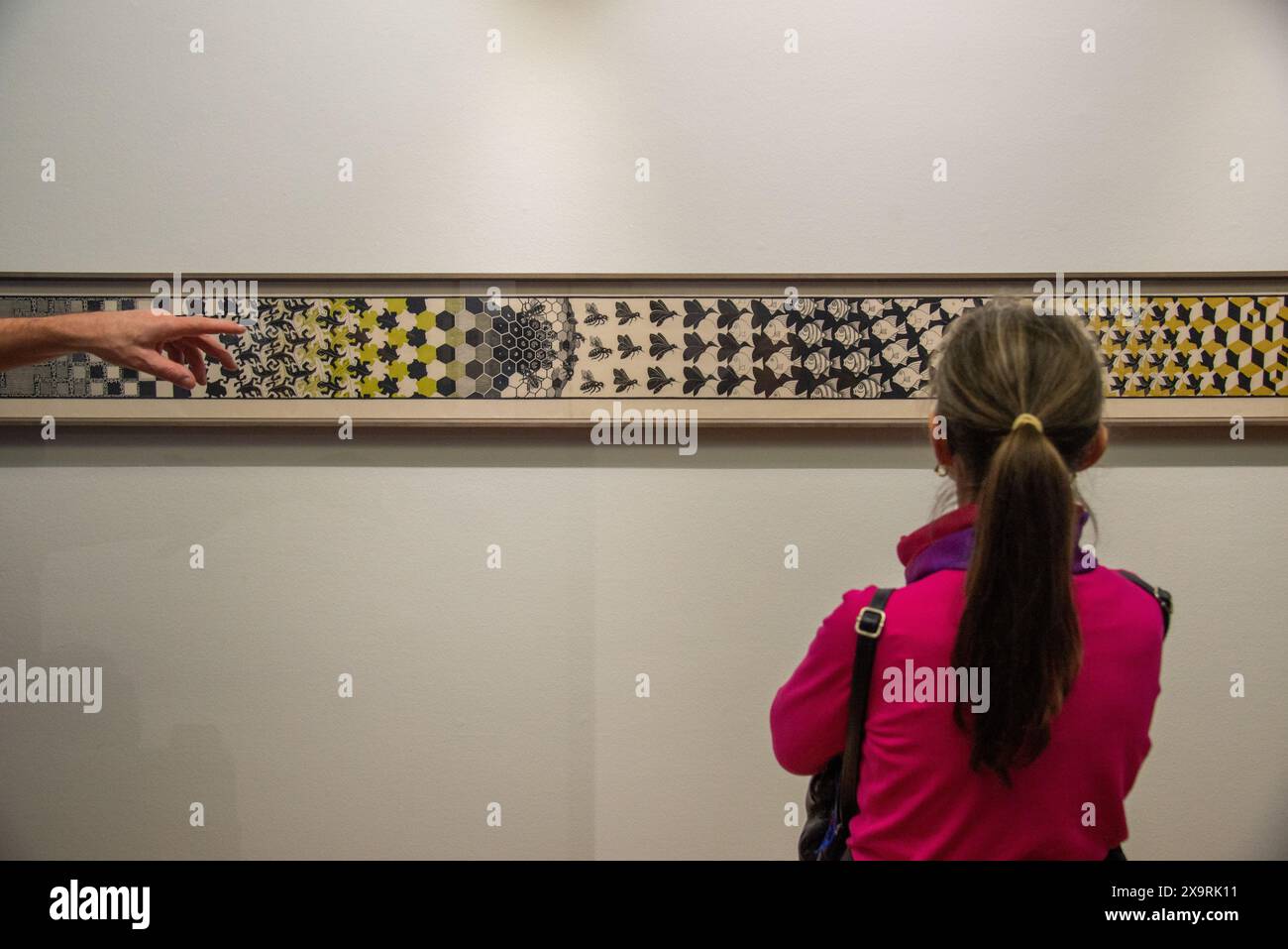 Visiteur regardant Metamorphose II' d'Escher au Kunstmuseum Den Haag Banque D'Images