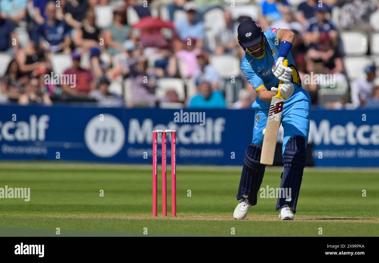 NORTHAMPTON, ROYAUME-UNI. 2 juin 2024. JOE ROOT chauves-souris pour le Yorkshire lors du T20 Vitality Blast match entre Northamptonshire Steelbacks vs Yorkshire Vikings au County Ground de Northampton, Angleterre crédit : PATRICK ANTHONISZ/Alamy Live News Banque D'Images