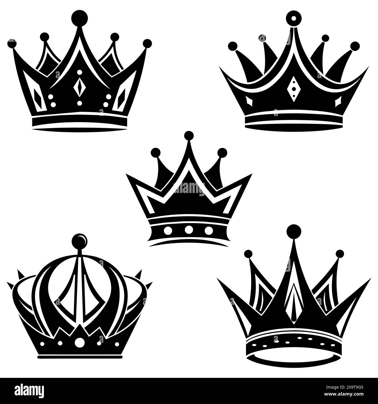 Jeu de couronnes. Silhouette noire. Design royal. Illustration vectorielle. Illustration de Vecteur