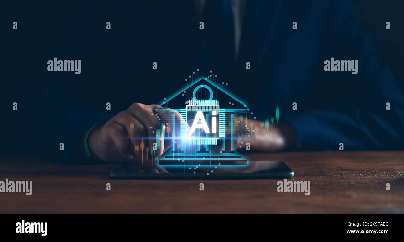 Concept de finance IA. Homme d'affaires utilisent la technologie ai pour analyser les finances, compte bancaire, échange d'argent, commerce boursier, marché, investissement. Affaires Banque D'Images