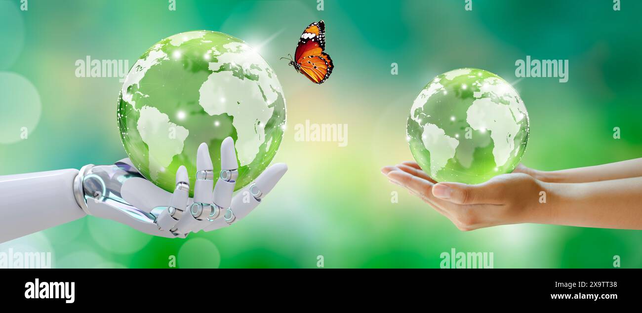 Boule de verre de cristal de globe dans la main de robot et les mains humaines. Fond vert avec bokeh. Intelligence artificielle, santé mentale mondiale et Journée mondiale de la terre. Banque D'Images