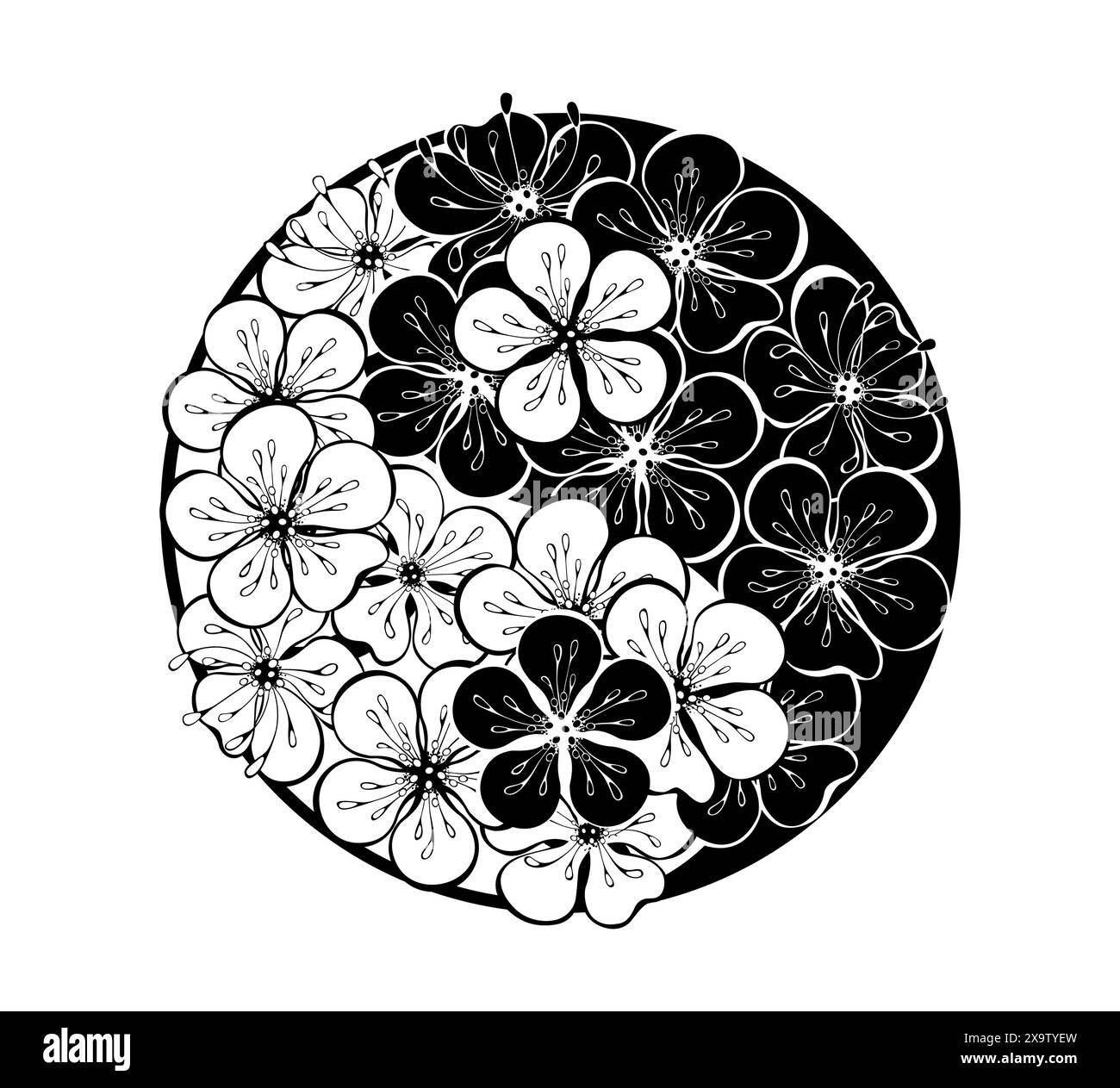 Le symbole Yin Yang est fait de fleurs de cerisier japonaises en fleurs, profilées et silhouettées sur fond blanc. Illustration de Vecteur