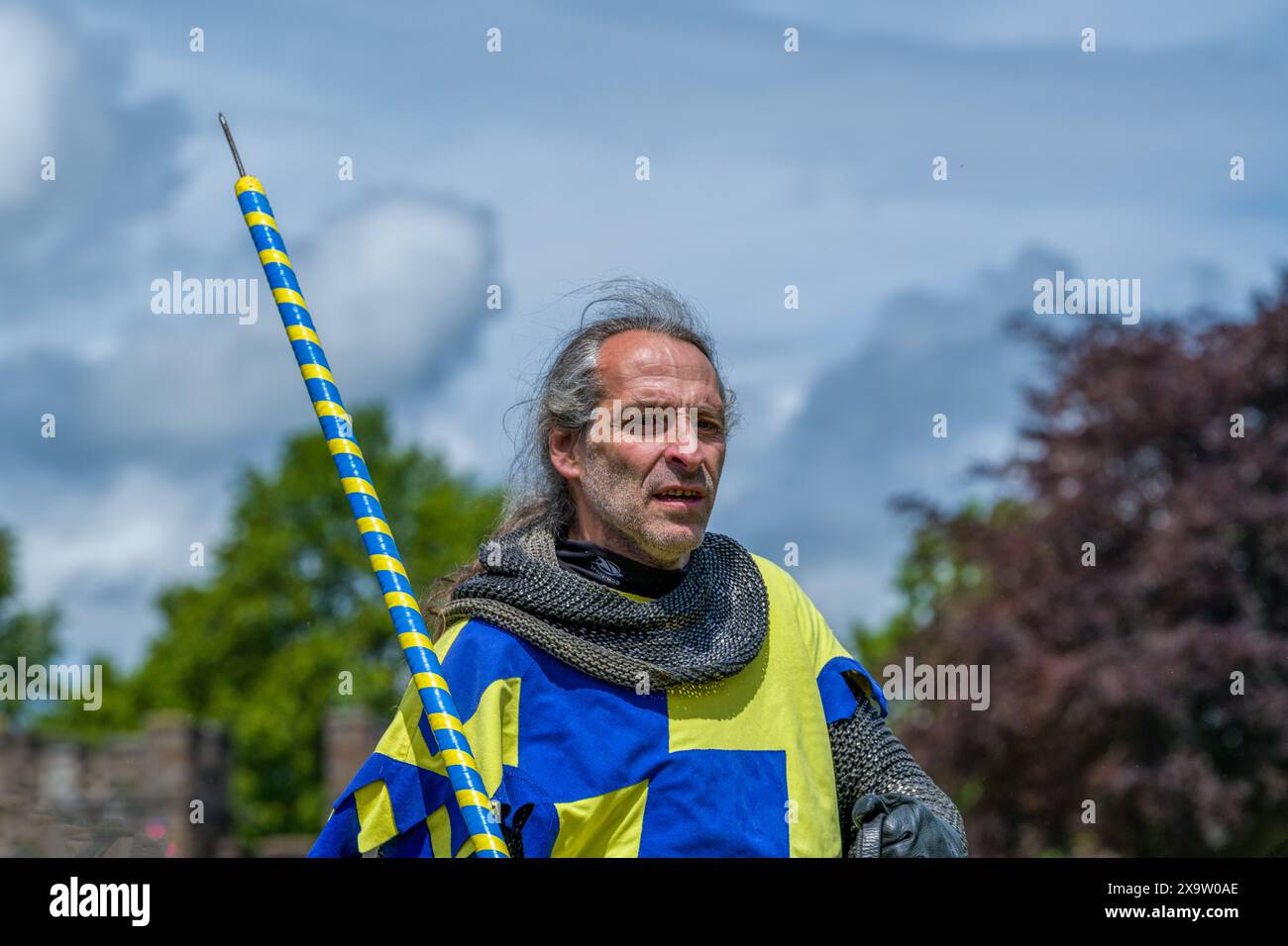 Sir David sans sa barre, montrant est chainmail coif . The Joust, Cardiff, Royaume-Uni. 15 juin 2019 Banque D'Images