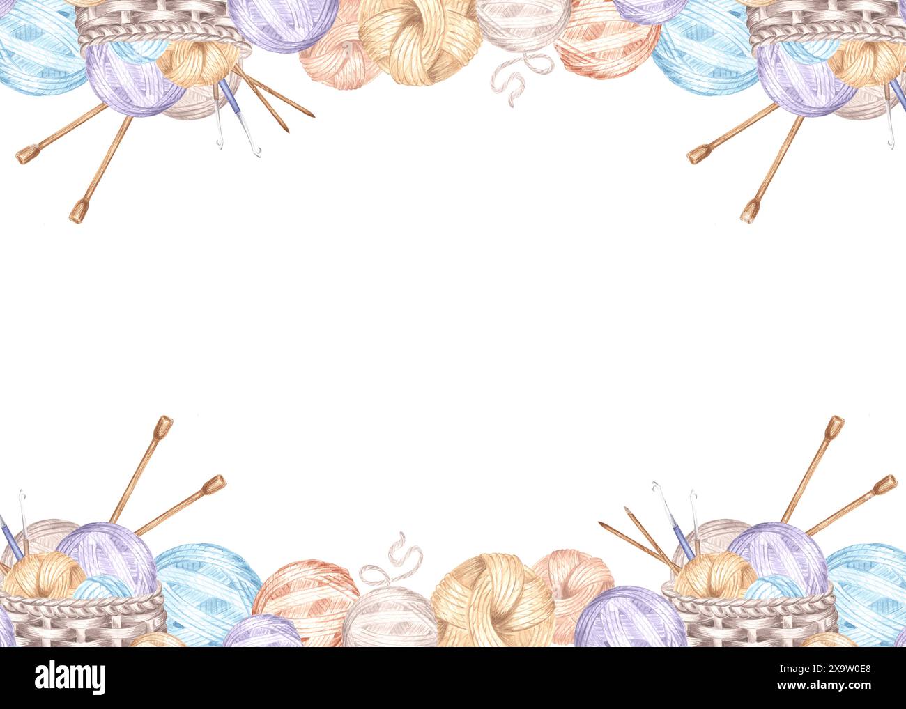 Boules de fil et écheveaux de laine, aiguilles à tricoter et crochets. Modèle horizontal de carte postale. Illustration aquarelle dessinée à la main cadre avec copie sp Banque D'Images