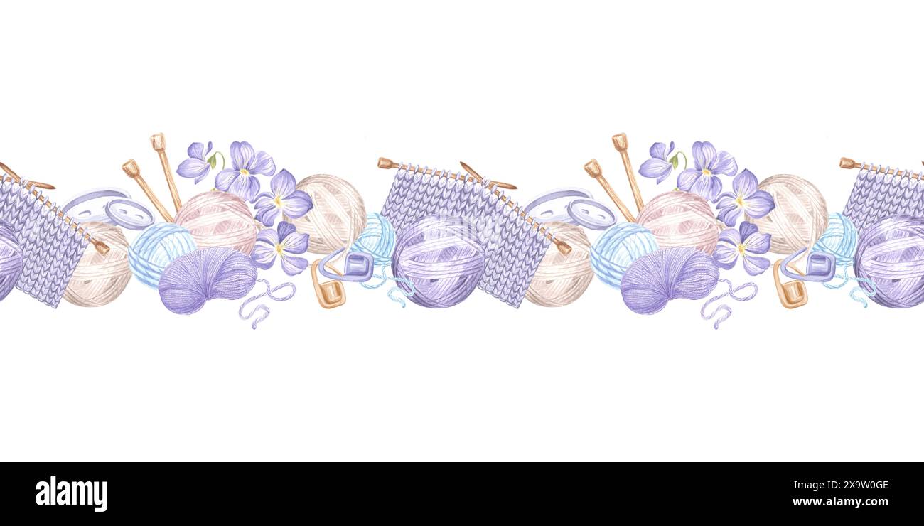 Boules de fil et écheveaux laine échantillon de tissu tricoté sur aiguilles. Fleurs violettes et bouton. Bordure sans couture pour tricot hobby. Illustration aquarelle Backdr Banque D'Images