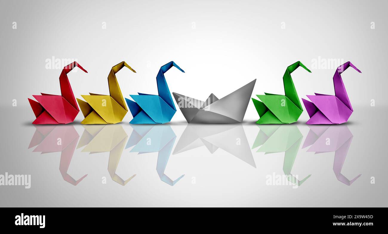 Concept de sous-performance comme un outsider non développé de base comme un bateau de papier dans un groupe d'oiseaux origami hautement sophistiqués comme une métaphore pour un novice Banque D'Images