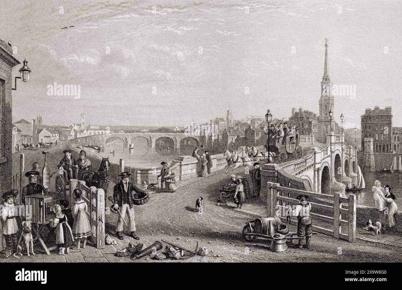 Twa Brigs o'Ayr, ou les deux ponts d'Ayr, en Écosse. D'après les œuvres de Robert Burns, publiées en 1888, Banque D'Images