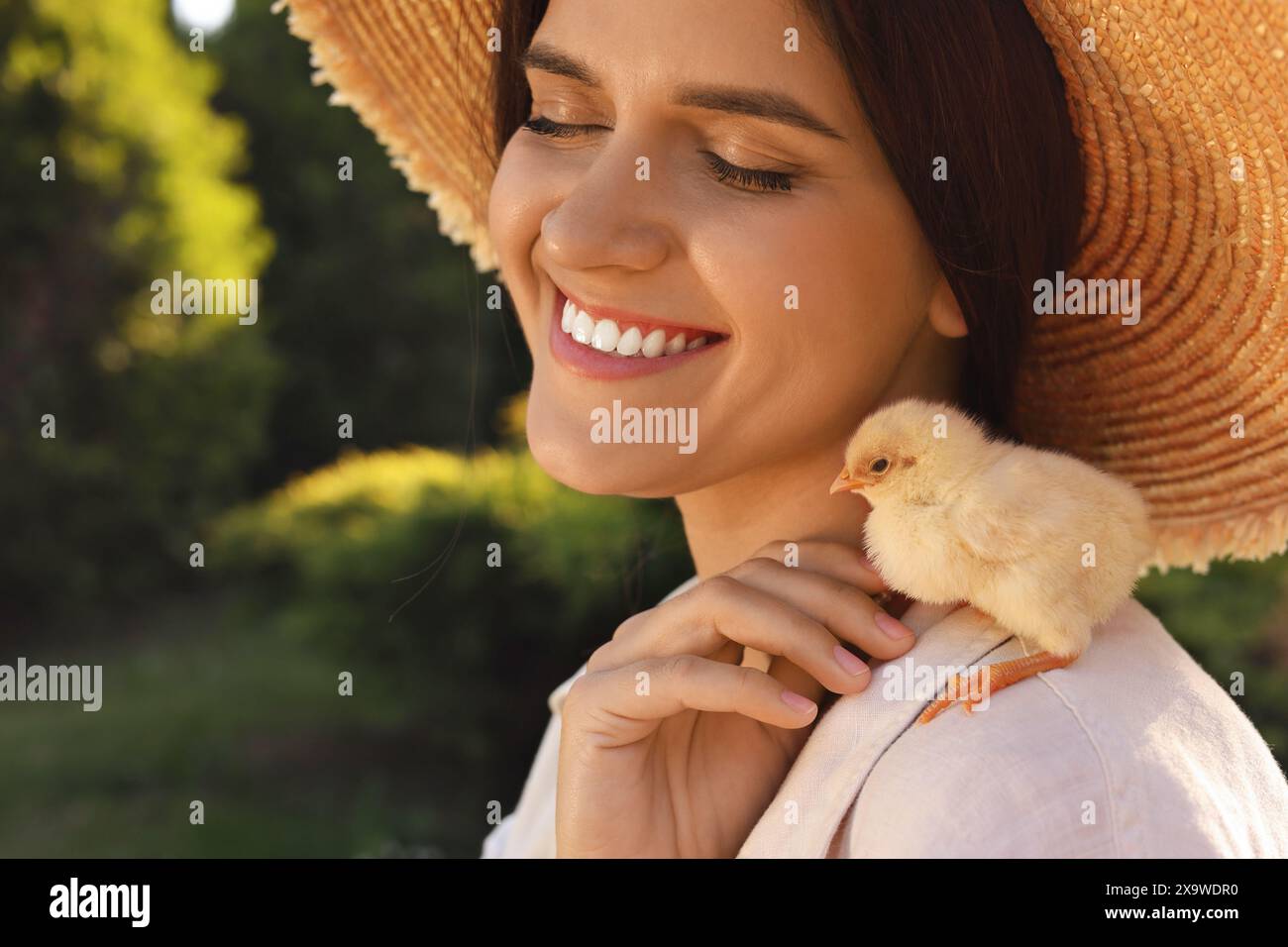 Belle femme avec mignon poussin à l'extérieur. Bébé animal Banque D'Images