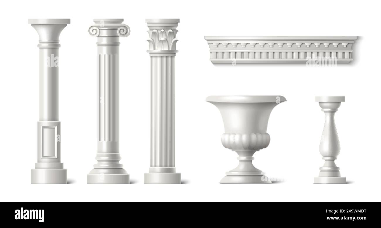 3d colonne romaine. Vecteur de pilier en marbre grec blanc. L'architecture du temple de Rome a isolé la conception artistique de sculpture réaliste. Colonnade dorique et balste orné Illustration de Vecteur