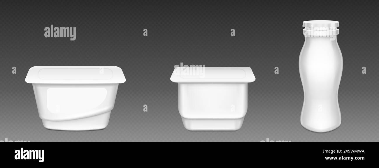 Maquette d'emballage de yogourt en plastique blanc ou de tasse à crème. récipient de pot de yaourt vierge 3d avec maquette de couvercle. Bouteille ronde vide isolée pour produits laitiers. glos fermés Illustration de Vecteur