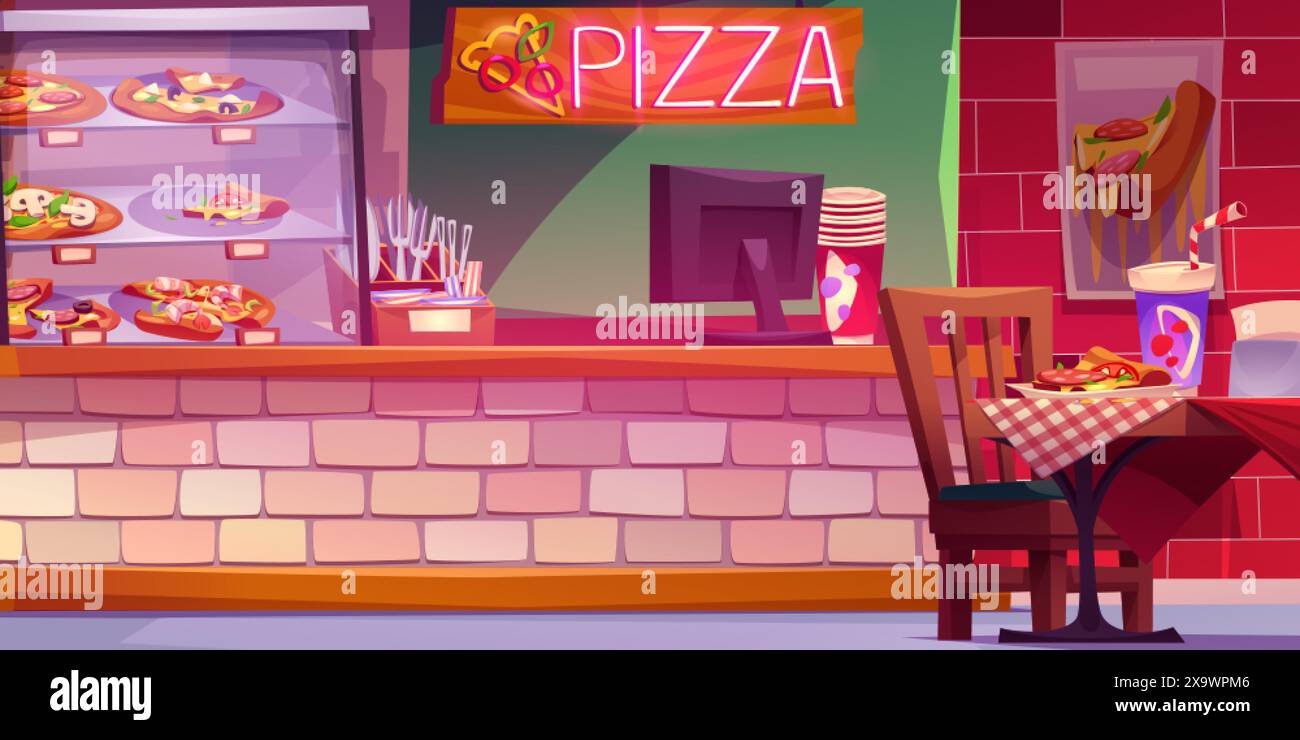 Intérieur d'un restaurant pizza. Illustration vectorielle de dessin animé de pizzeria italienne, pièce de restauration rapide et boisson dans une tasse de papier sur bois, table, affichage en verre, env Illustration de Vecteur