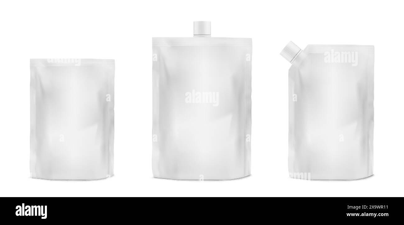 Maquette Doypack pour la marque alimentaire ou cosmétique. Ensemble réaliste d'illustration vectorielle 3d de pochette blanche avec fermeture éclair et capuchon. Collection de modèles de pl. Vierges Illustration de Vecteur