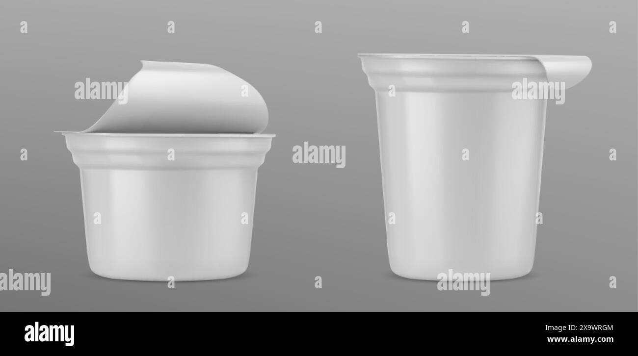 Ensemble 3D de tasses de yogourt isolé sur fond gris. Illustration réaliste vectorielle de la maquette de paquet laitier en plastique avec couvercle ouvert et fermé, roun Illustration de Vecteur