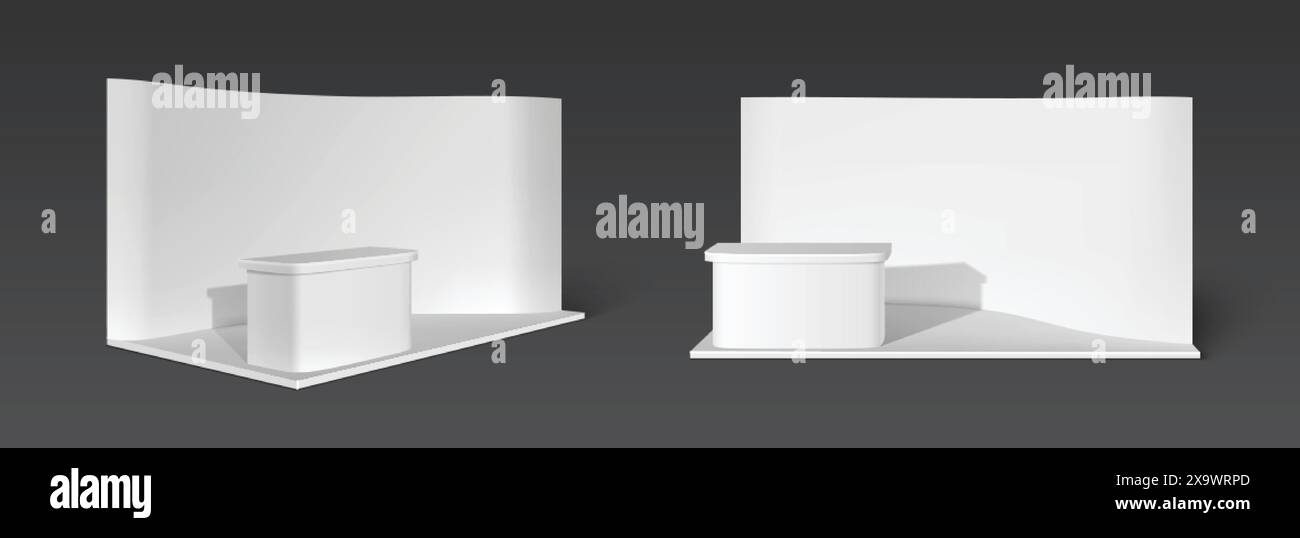 Stand blanc de cabine avec murs, plancher et plate-forme pour l'affichage des produits. Illustration vectorielle 3D réaliste de maquette intérieure de studio ou de salle d'exposition. Illustration de Vecteur