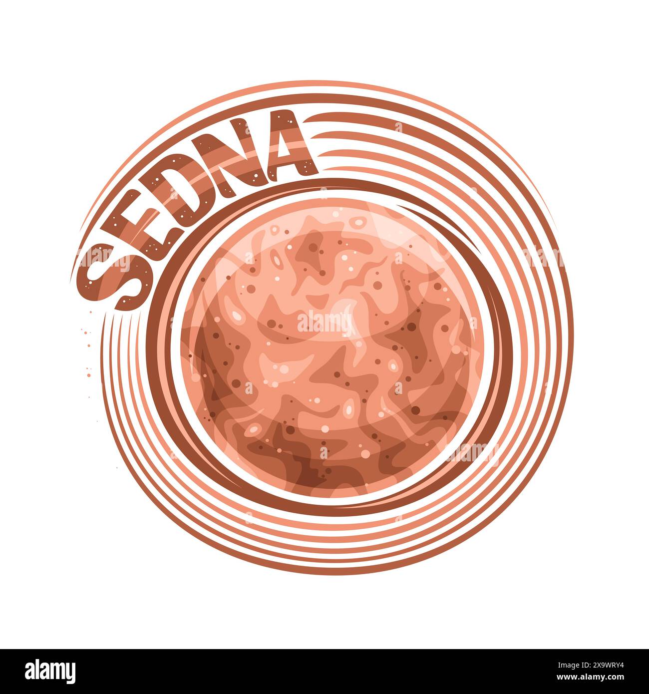 Logo vectoriel pour Sedna, imprimé astronomique décoratif avec planète naine transneptunienne avec cratères météores, badge cosmo futuriste avec pinceau unique Illustration de Vecteur