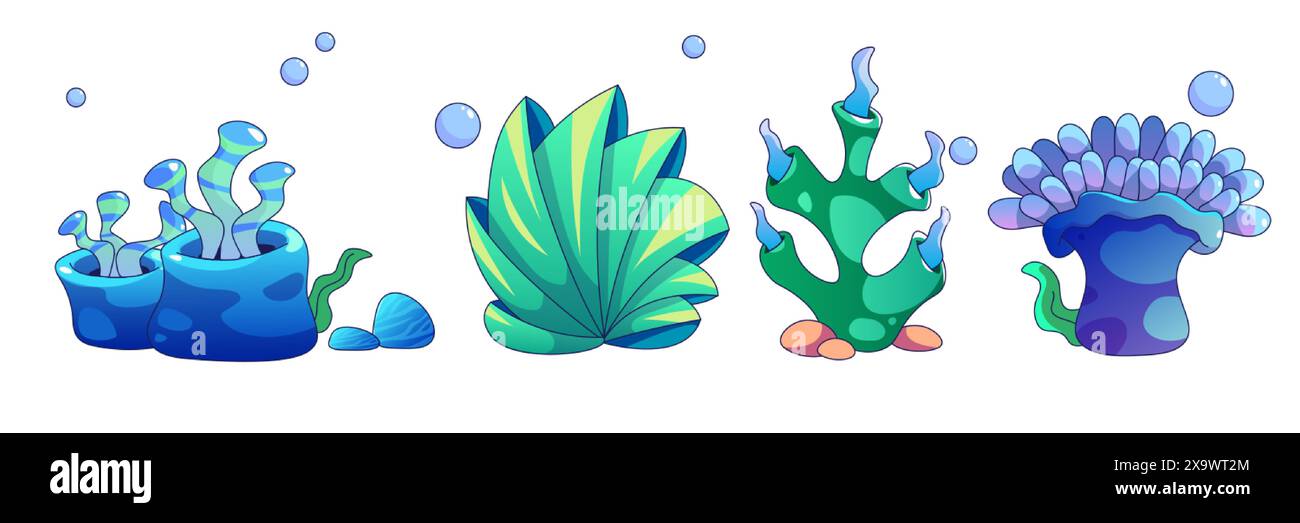 Algues et corail avec bulles mignonne illustration vectorielle de dessin animé pour la création de fond de mer ou d'océan et d'aquarium. Plantes sous-marines profondes tropicales et Illustration de Vecteur
