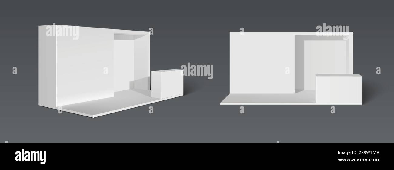 Stand blanc de cabine avec murs, plancher et plate-forme pour l'affichage des produits. Illustration vectorielle 3D réaliste de maquette intérieure de studio ou de salle d'exposition. Illustration de Vecteur