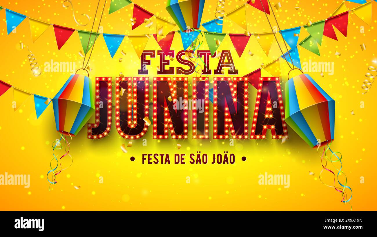 Illustration Festa Junina avec lanterne en papier, drapeaux de fête et lettrage d'affichage d'ampoule sur fond jaune. Vecteur Brésil Sao Joao juin Illustration de Vecteur