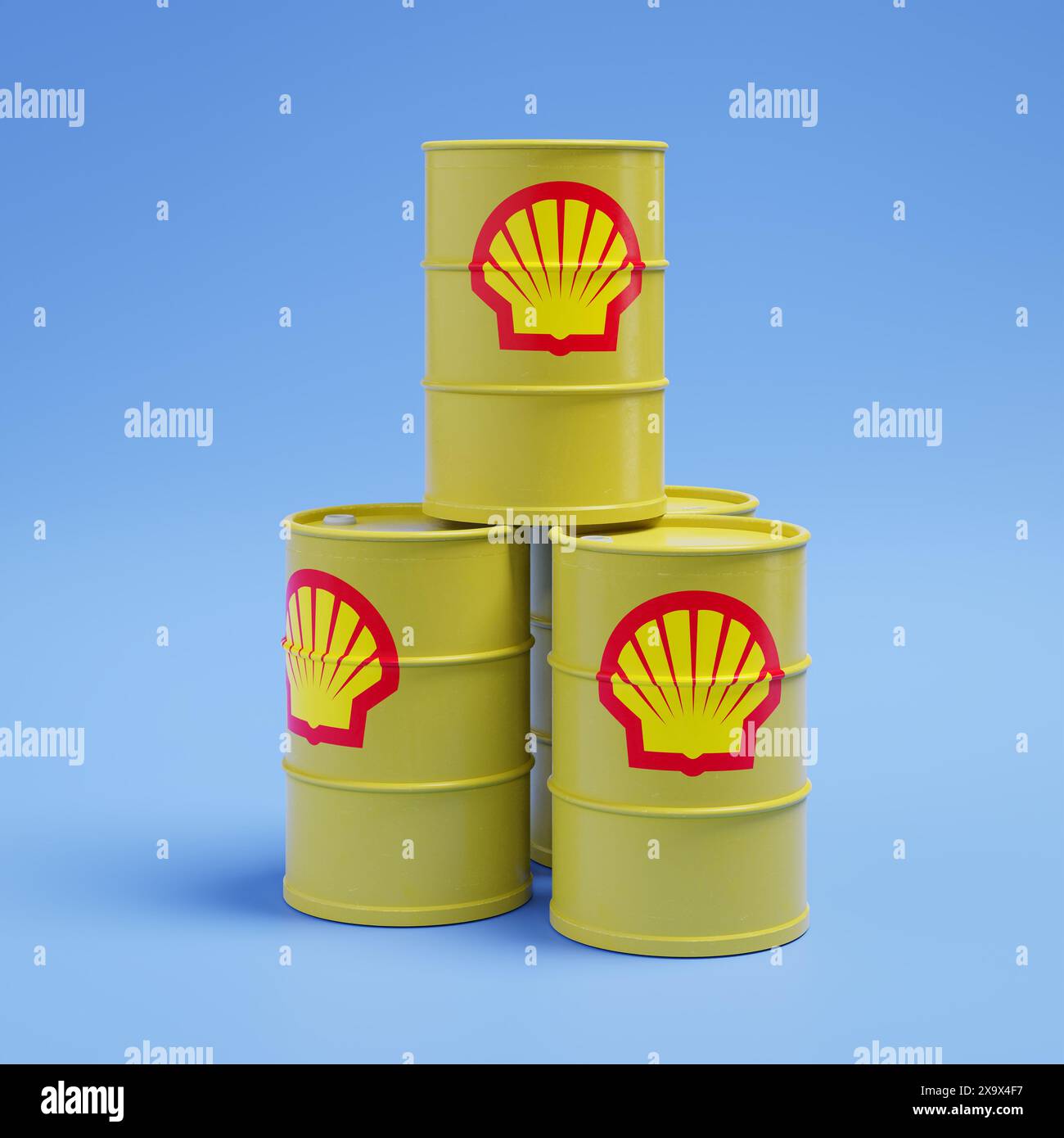 Barils de pétrole avec le logo de l'une des cinq plus grandes compagnies pétrolières Shell Banque D'Images