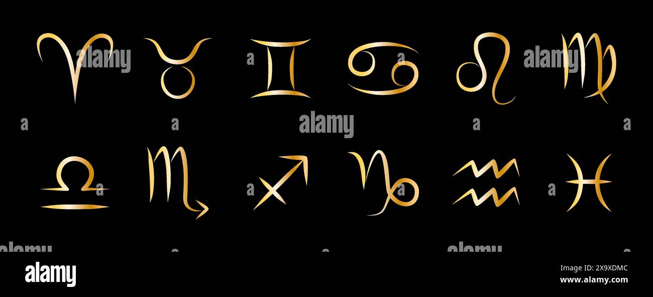 Le zodiaque signe pour la prévision de l'horoscope. Jeu d'icônes astrologiques de brillance d'or de vecteur Illustration de Vecteur