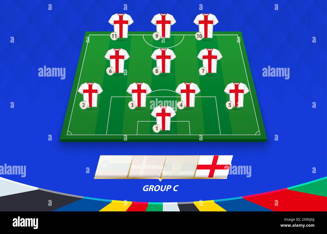 Terrain de football avec équipe d'Angleterre pour la compétition européenne. Joueurs de football sur un demi-terrain de football. Illustration de Vecteur