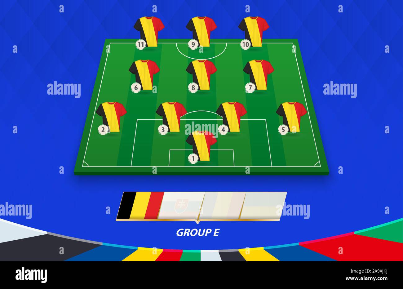 Terrain de football avec équipe belge pour la compétition européenne. Joueurs de football sur un demi-terrain de football. Illustration de Vecteur