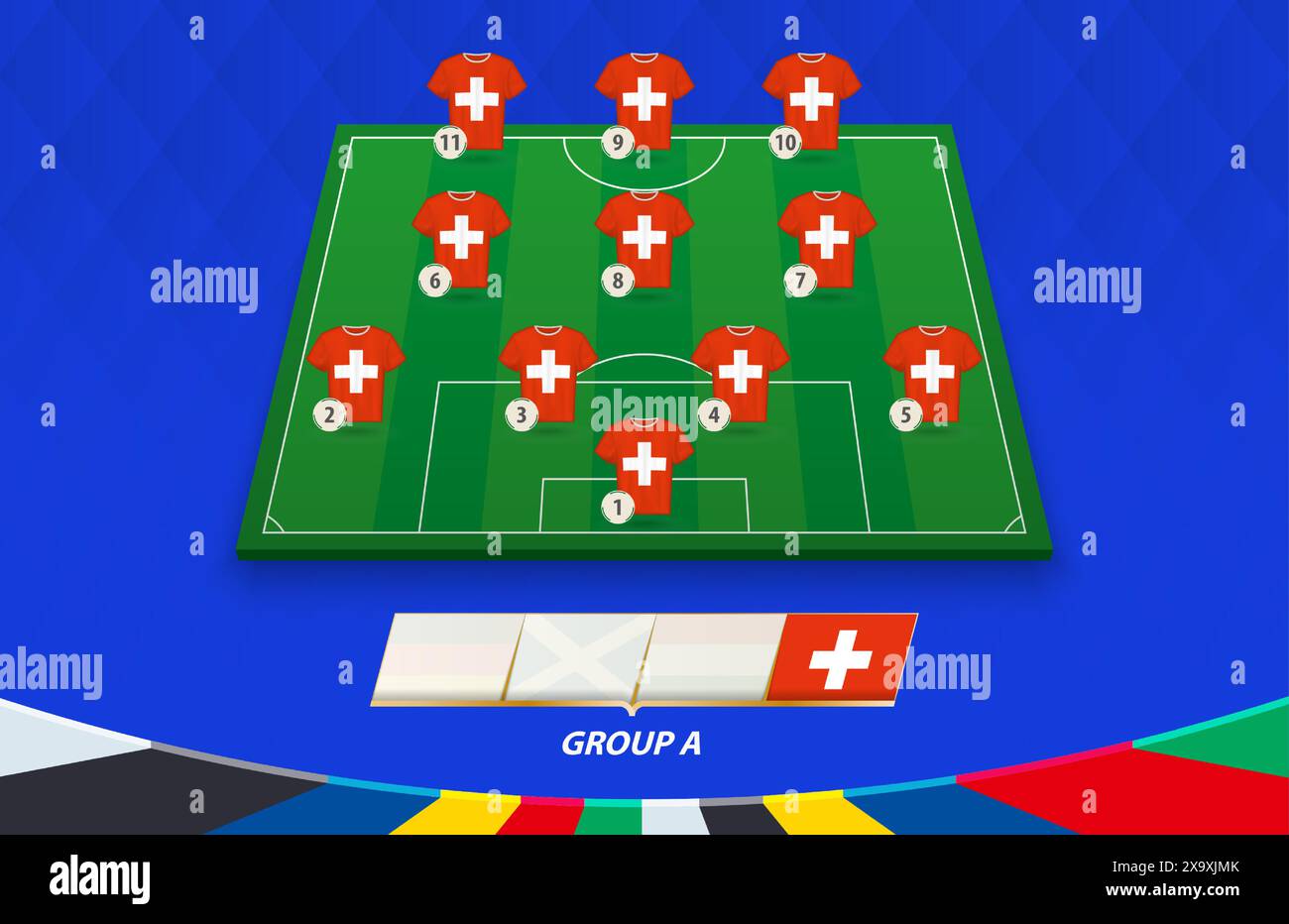 Terrain de football avec équipe suisse pour la compétition européenne. Joueurs de football sur un demi-terrain de football. Illustration de Vecteur