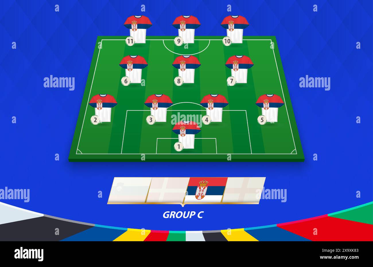 Terrain de football avec équipe de Serbie pour la compétition européenne. Joueurs de football sur un demi-terrain de football. Illustration de Vecteur