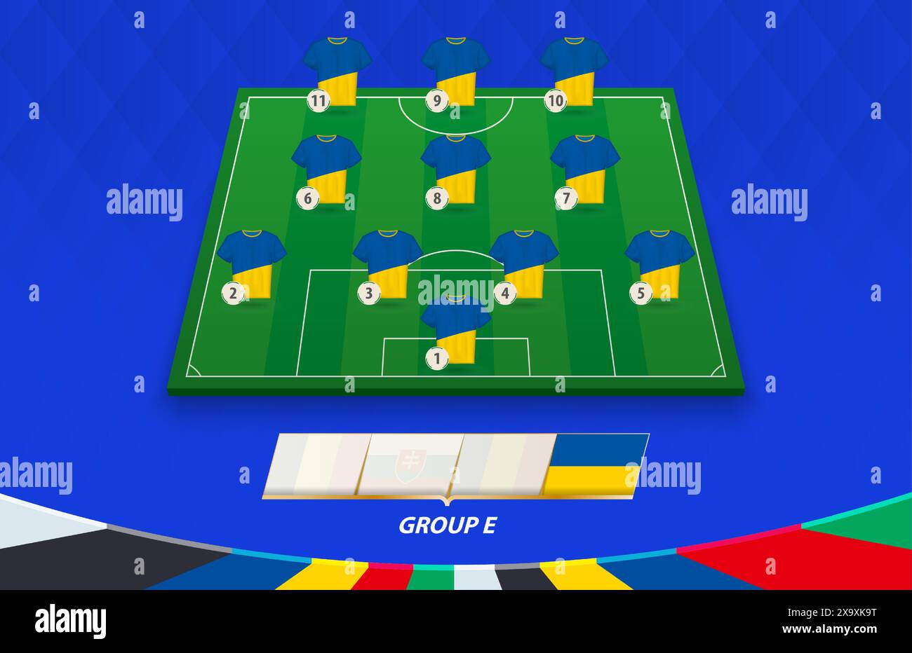 Terrain de football avec équipe d'Ukraine pour la compétition européenne. Joueurs de football sur un demi-terrain de football. Illustration de Vecteur