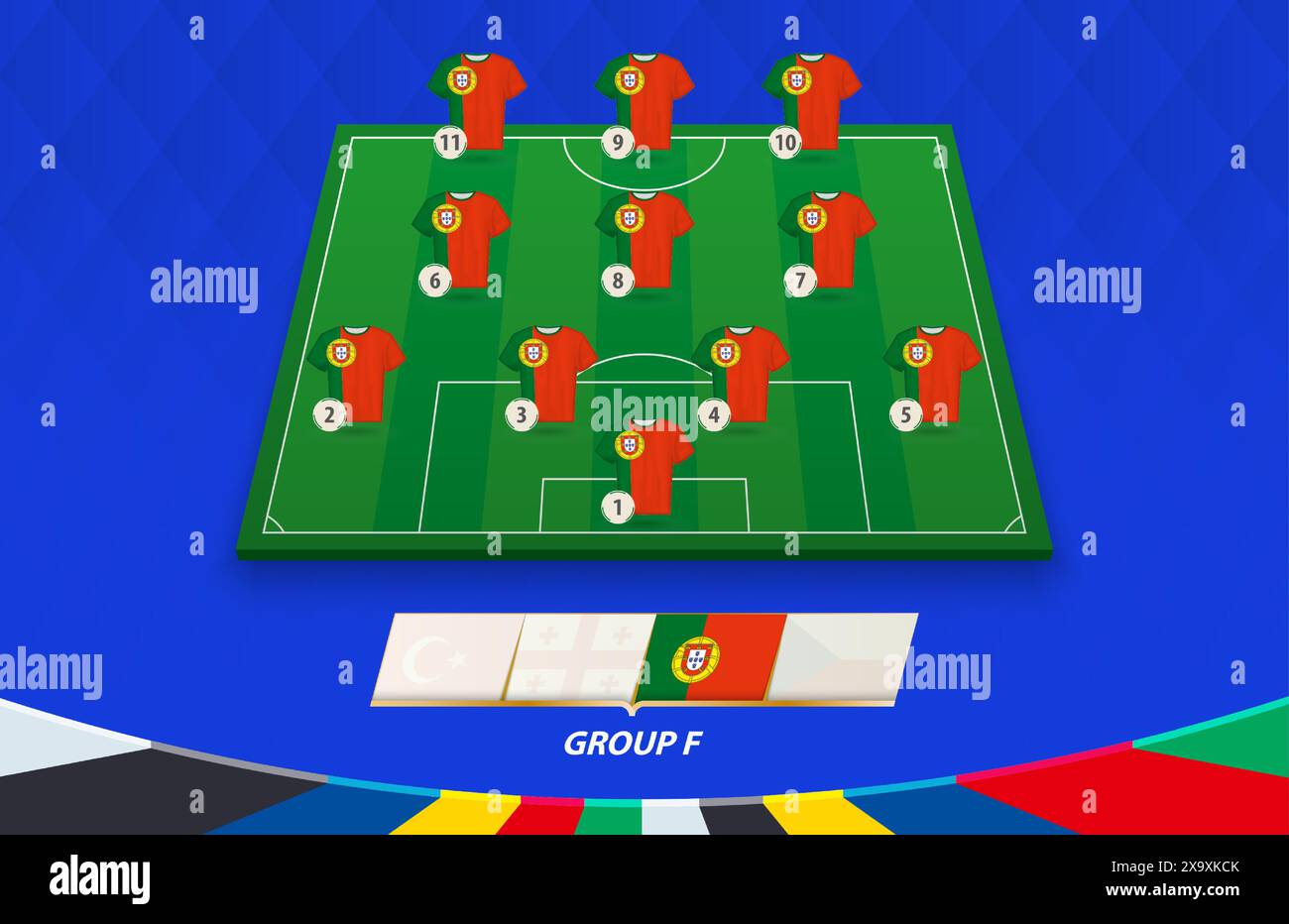 Terrain de football avec équipe du Portugal pour la compétition européenne. Joueurs de football sur un demi-terrain de football. Illustration de Vecteur