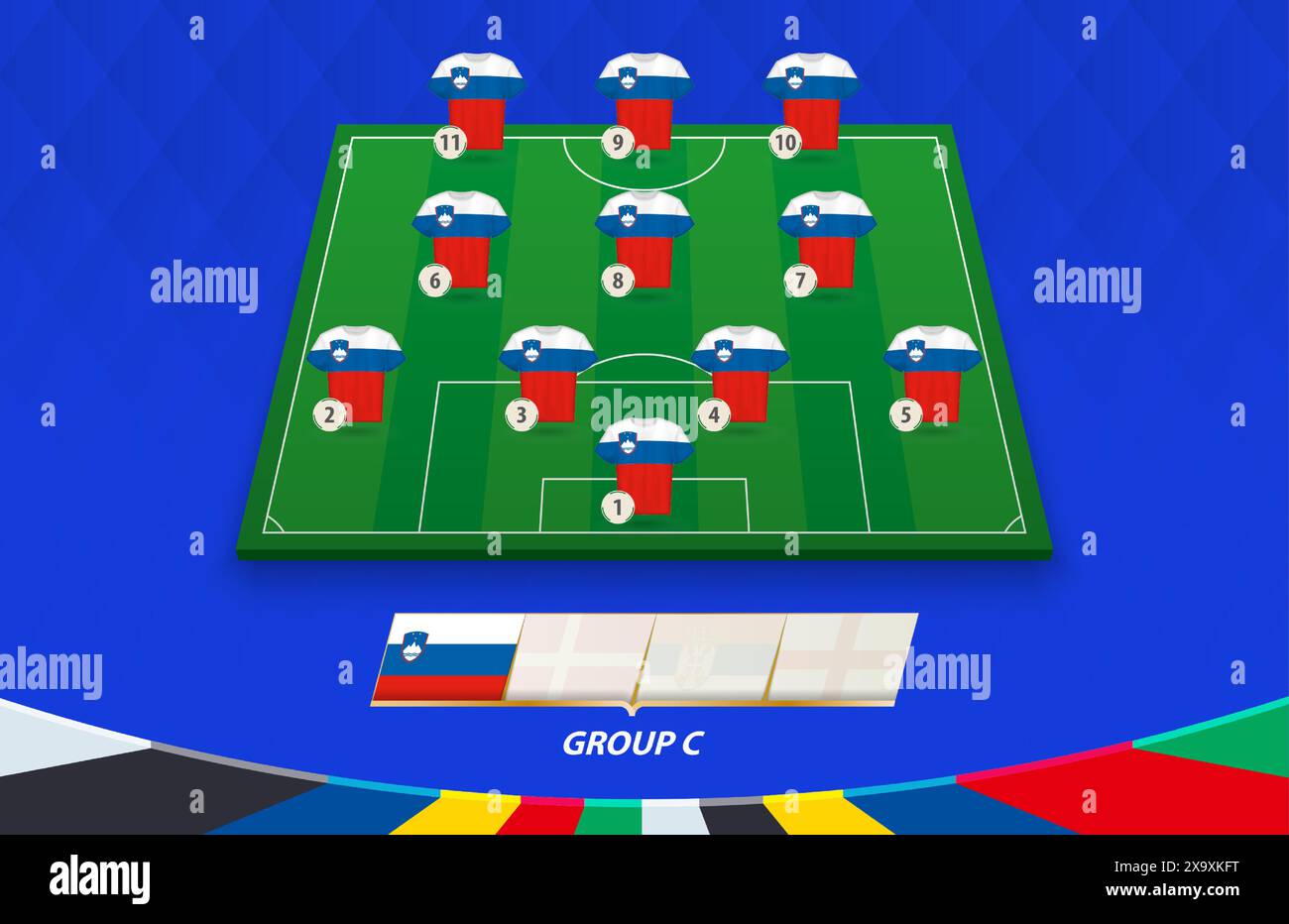 Terrain de football avec la formation de l'équipe de Slovénie pour la compétition européenne. Joueurs de football sur un demi-terrain de football. Illustration de Vecteur