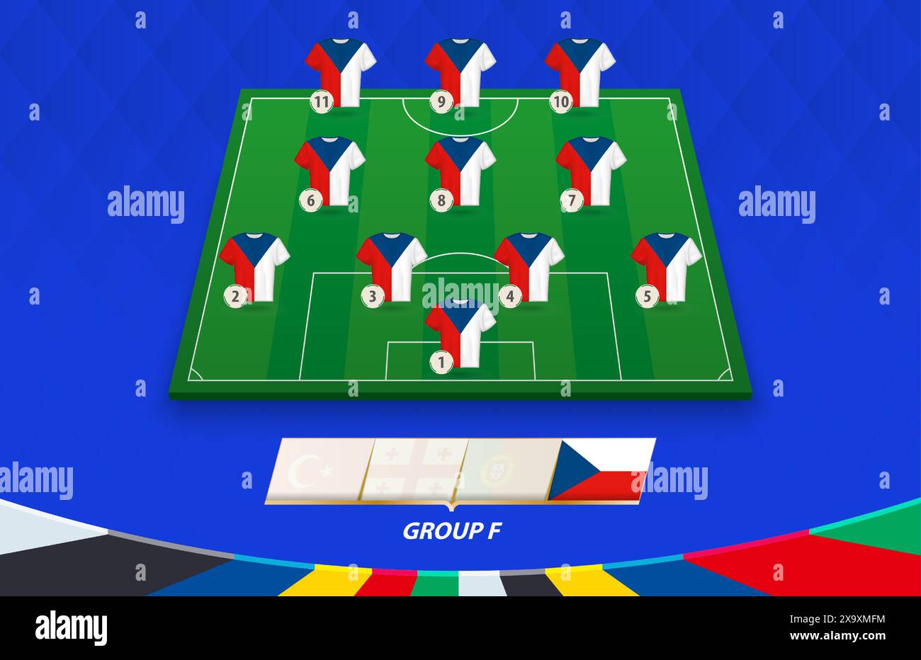 Terrain de football avec équipe de la République tchèque pour la compétition européenne. Joueurs de football sur un demi-terrain de football. Illustration de Vecteur