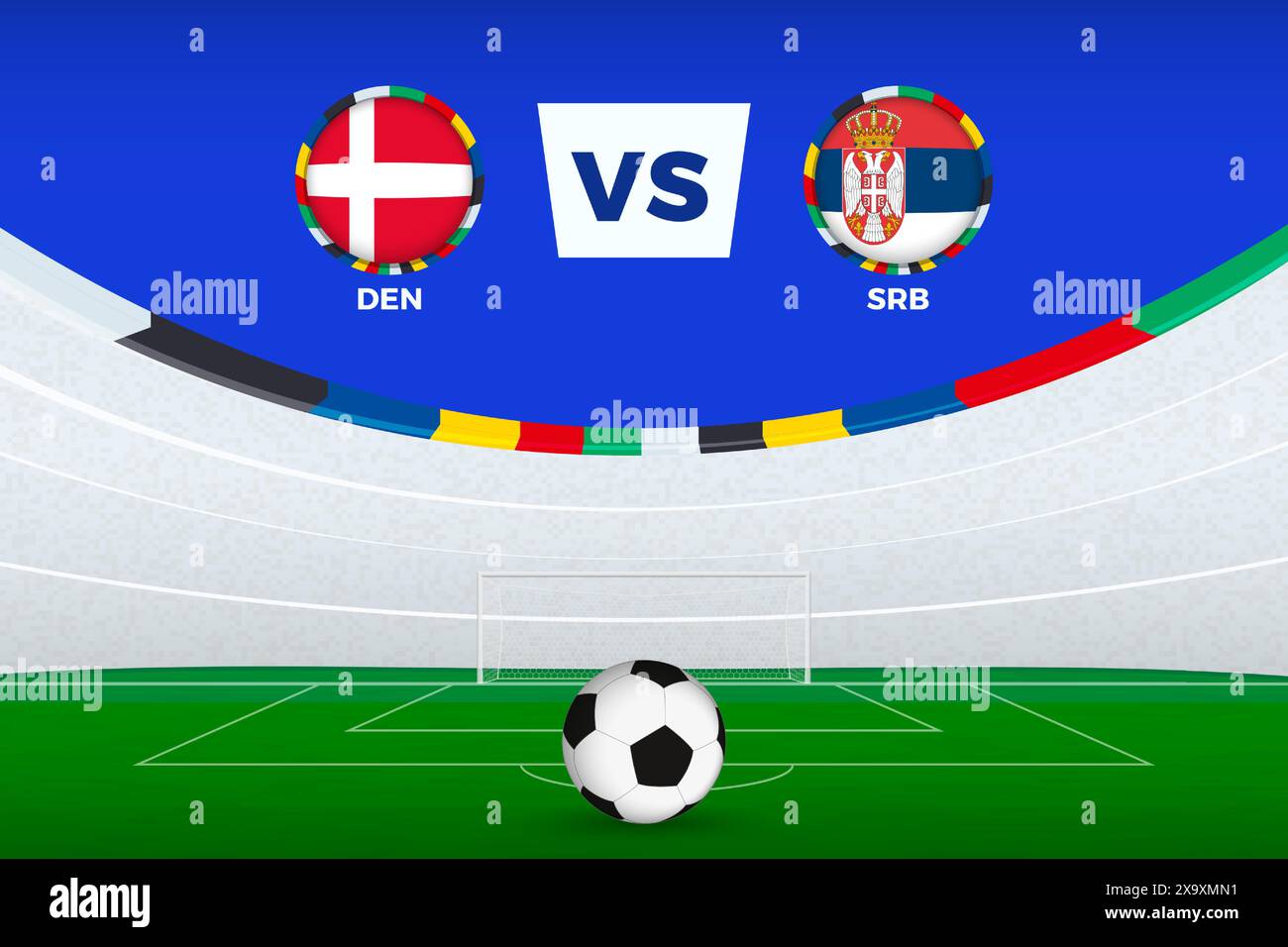 Illustration du stade pour le match de football entre le Danemark et la Serbie, modèle stylisé du tournoi de football. Illustration vectorielle. Illustration de Vecteur