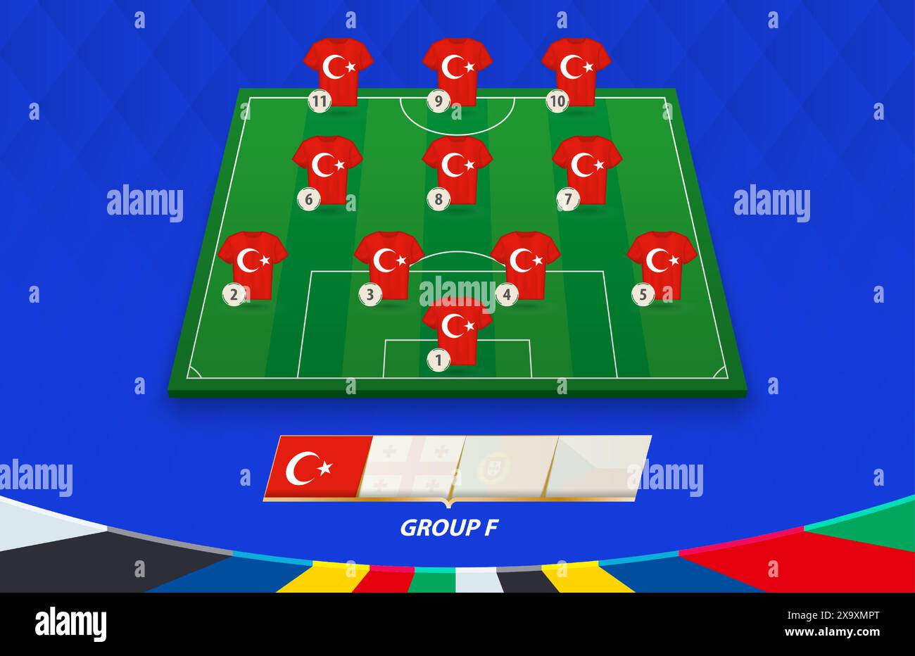 Terrain de football avec équipe de Turquie pour la compétition européenne. Joueurs de football sur un demi-terrain de football. Illustration de Vecteur