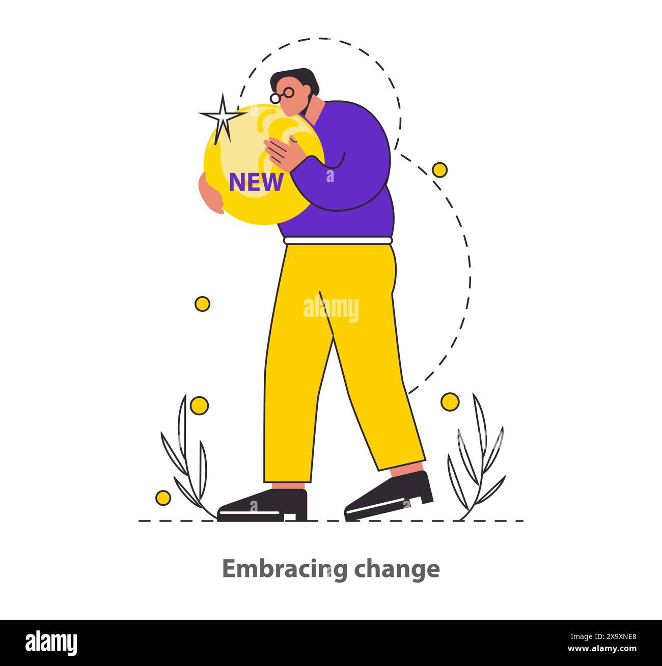 Changement concept embrasser Un personnage tient un orbe rayonnant marqué «NOUVEAU», symbolisant l'acceptation et la célébration de nouveaux débuts capture l'essence de l'adaptabilité et de l'illustration vectorielle de progrès Illustration de Vecteur