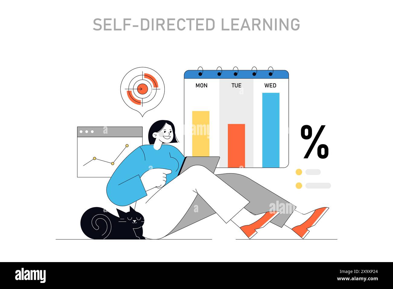 Concept d'apprentissage autonome. Individu poursuivant ses connaissances de manière autonome avec des ressources en ligne. Une éducation personnelle axée sur les objectifs. Illustration vectorielle. Illustration de Vecteur