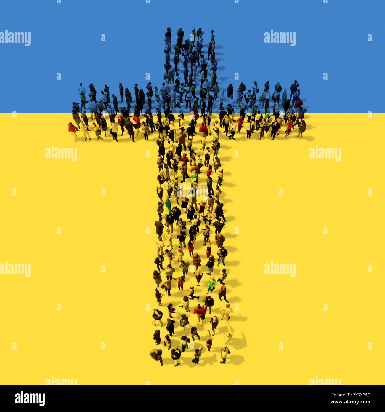 Concept ou communauté conceptuelle de personnes formant l'image de la croix chrétienne religieuse sur le drapeau ukrainien. 3D métaphore de l'illustration pour Dieu, Christ, Banque D'Images