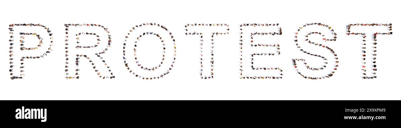 Concept conceptuel vaste communauté de personnes formant le mot DE PROTESTATION. 3d métaphore de l'illustration pour la démonstration, l'activisme, la démocratie, l'égalité, libre Banque D'Images