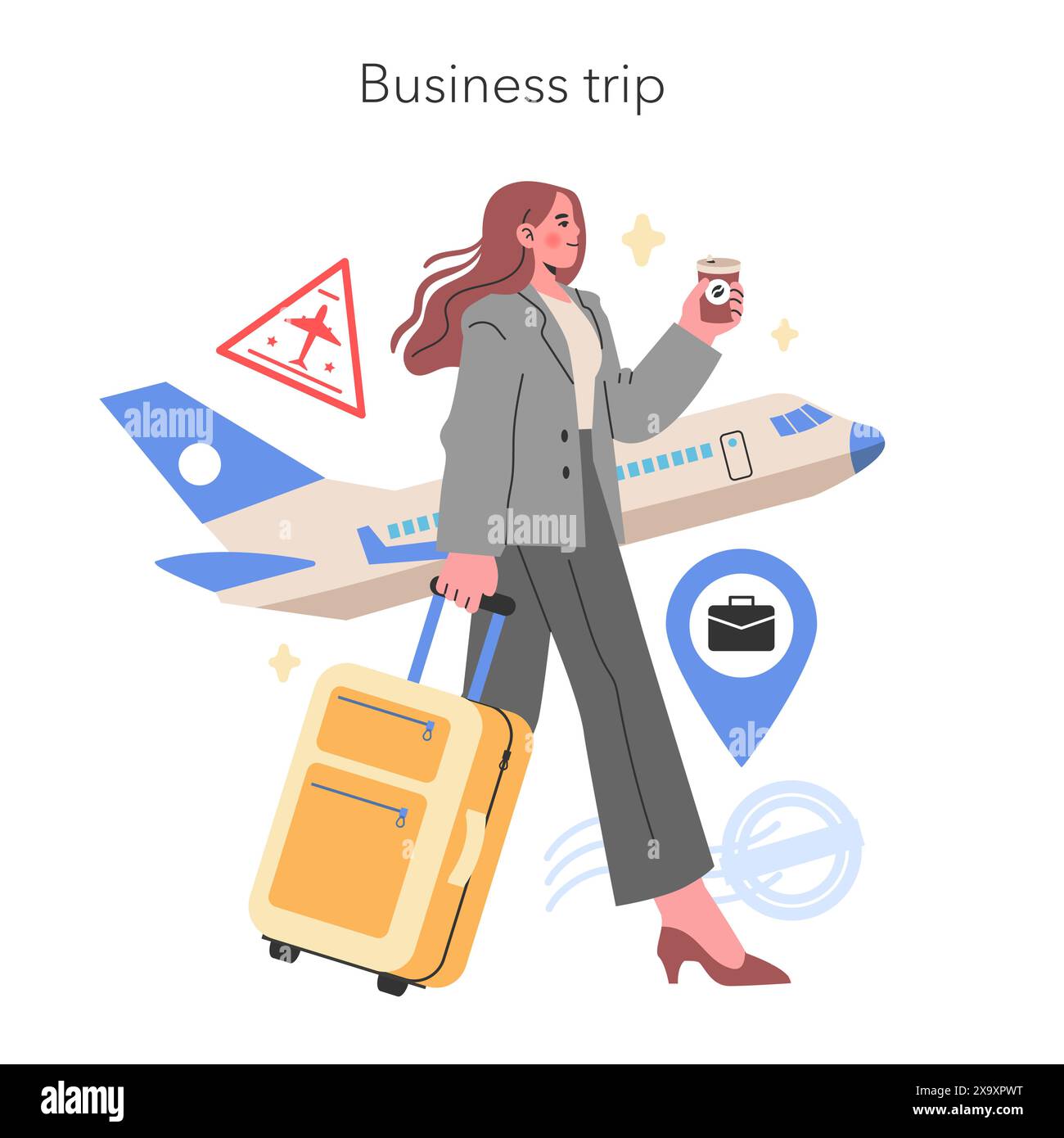 Concept de voyage d'affaires Un professionnel sur la route, naviguant efficacement voyage avec facilité et calme dans le contexte d'une illustration vectorielle d'avion en attente Illustration de Vecteur