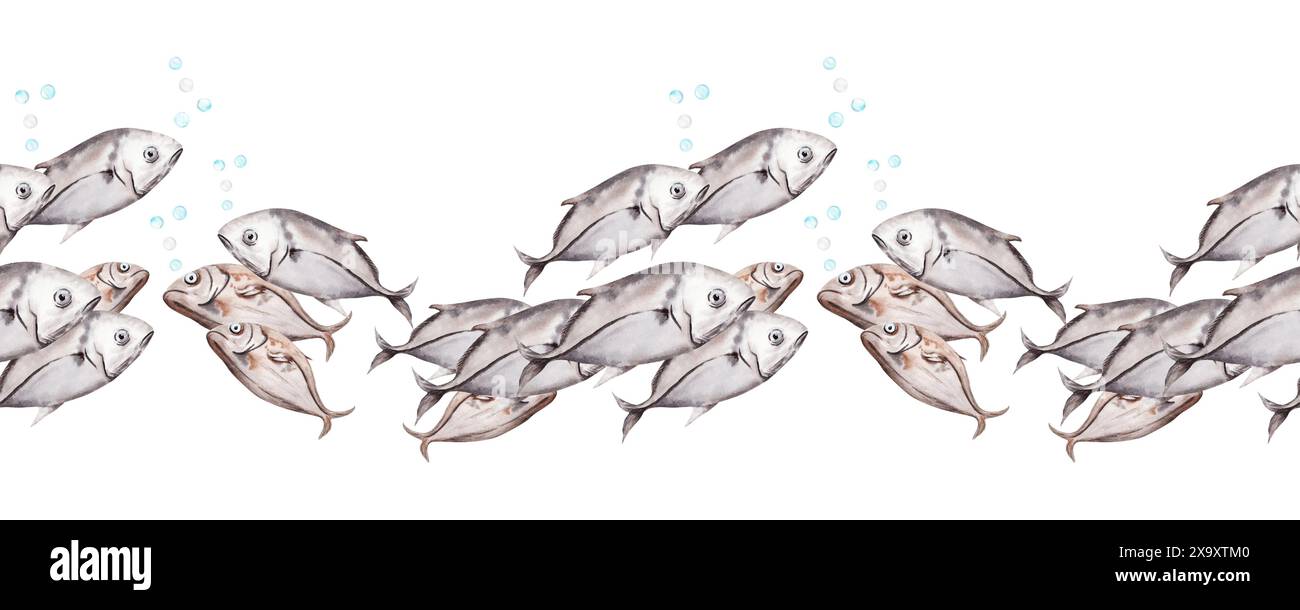 École de poissons bannière sans couture. Récif corallien poissons tropicaux nageant ensemble. Illustration d'aquarelle dessinée à la main isolée sur fond blanc. Sans fin Banque D'Images