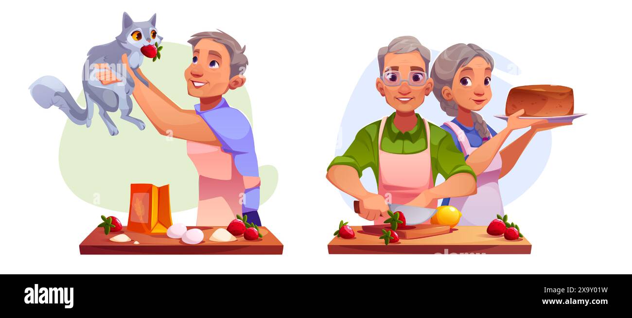 Personnes âgées cuisinant des scènes de pâtisserie isolées sur fond blanc. Illustration de dessin animé vectoriel de l'homme jouant avec le chat de compagnie dans la cuisine, couple âgé faisant le gâteau à la fraise ensemble, passe-temps de retraite Illustration de Vecteur