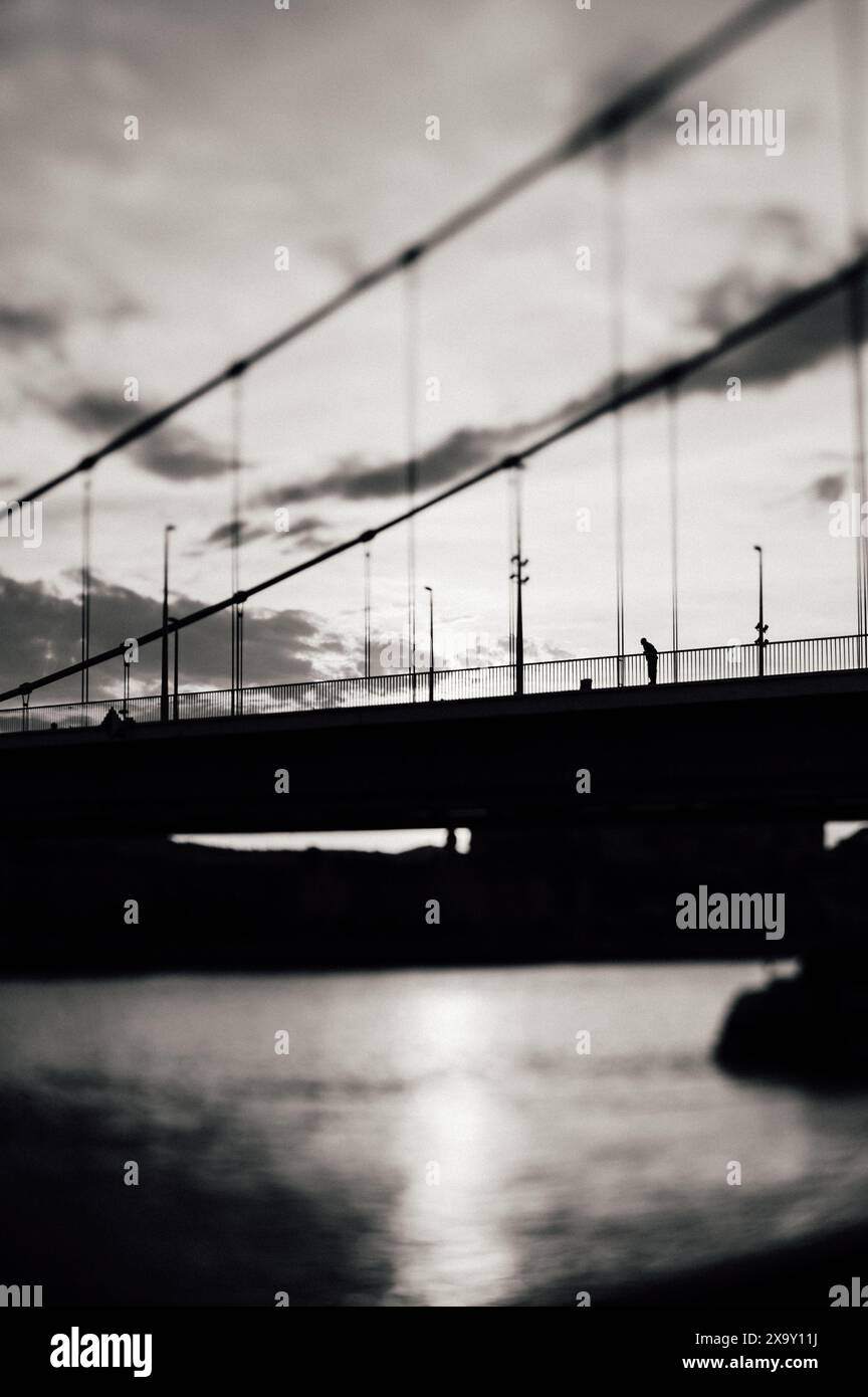 Personne debout sur le pont Elisabeth au coucher du soleil à Budapest, photographiée avec un objectif inclinable Banque D'Images