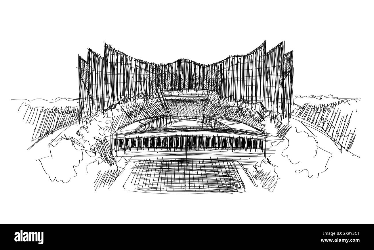 Nusantara Indonésie nouvelle capitale palais design architecture dessin main illustration noir et blanc forêt ville Illustration de Vecteur