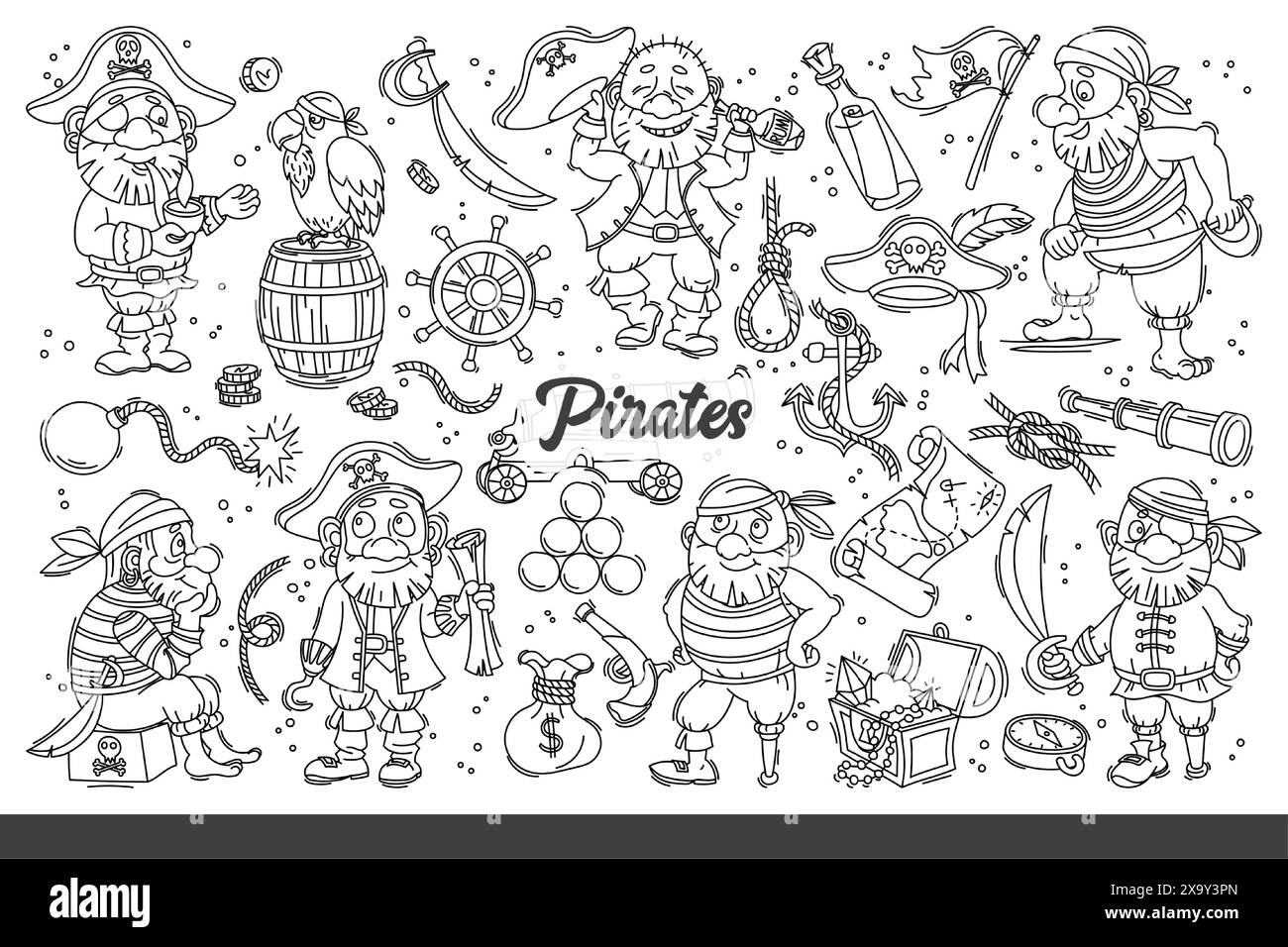 Pirates voleurs naviguant sur des navires avec des armes et des trésors pillés. Pirates vivant dans la mer de Corib près des fûts de rhum et de perroquets ou des cartes anciennes et des canons. Gribouille dessinée à la main Illustration de Vecteur