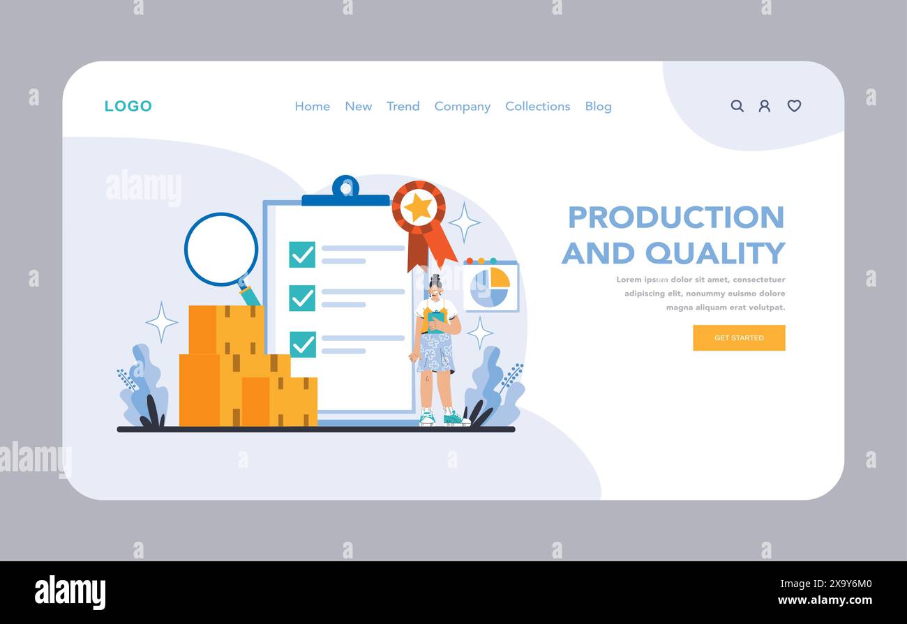 Production et qualité web ou landing page. Contrôle de la qualité axé sur le détail dans la fabrication. Validation des processus grâce à une liste de contrôle rigoureuse. Réalisation de normes élevées. Illustration vectorielle plate. Illustration de Vecteur
