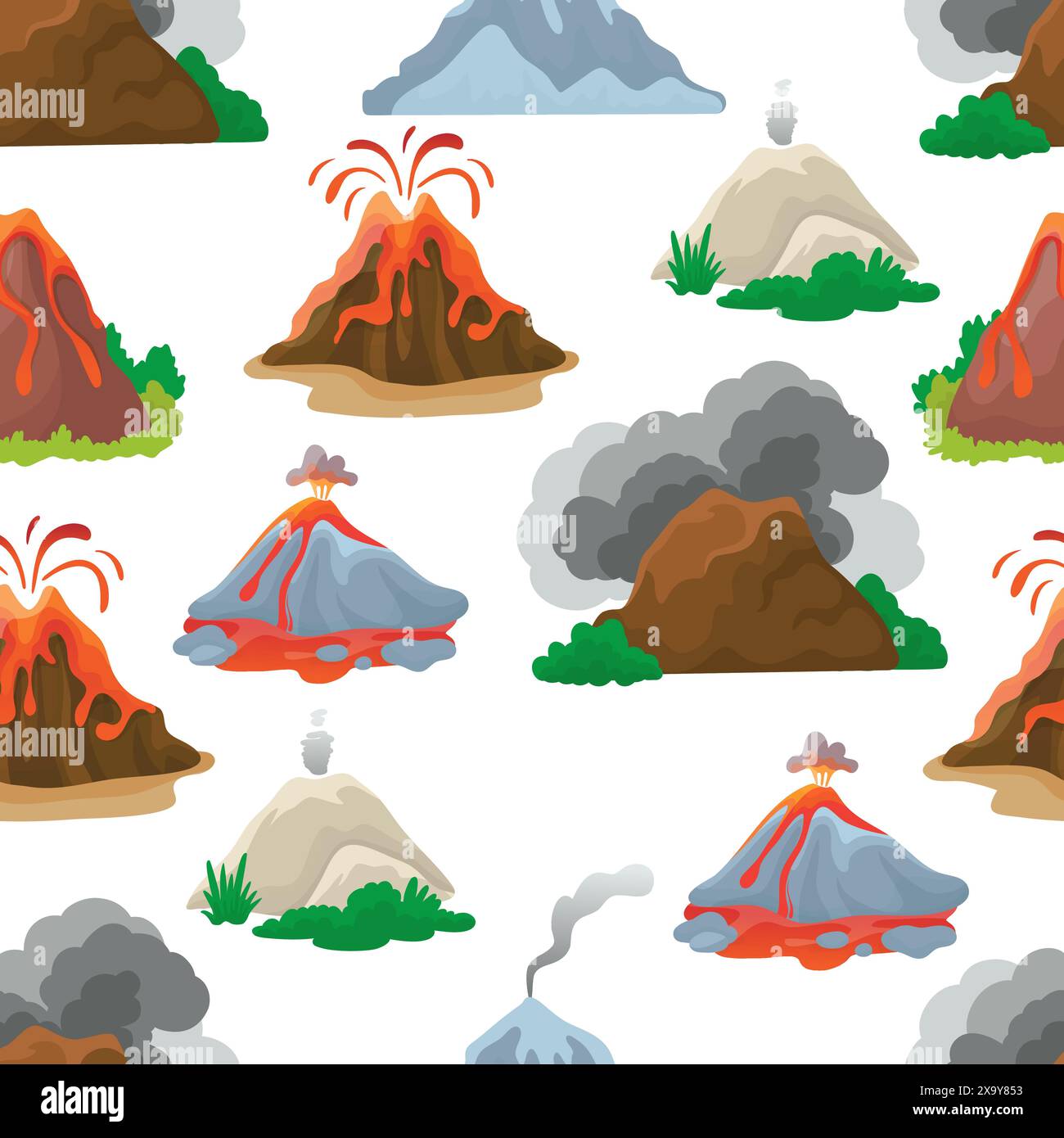 Modèle sans couture Volcano. Processus d'éruption des volcans avec des feux et de la lave. Conception d'impression de catastrophes naturelles pour l'emballage et le textile, vecteur néotérique Illustration de Vecteur