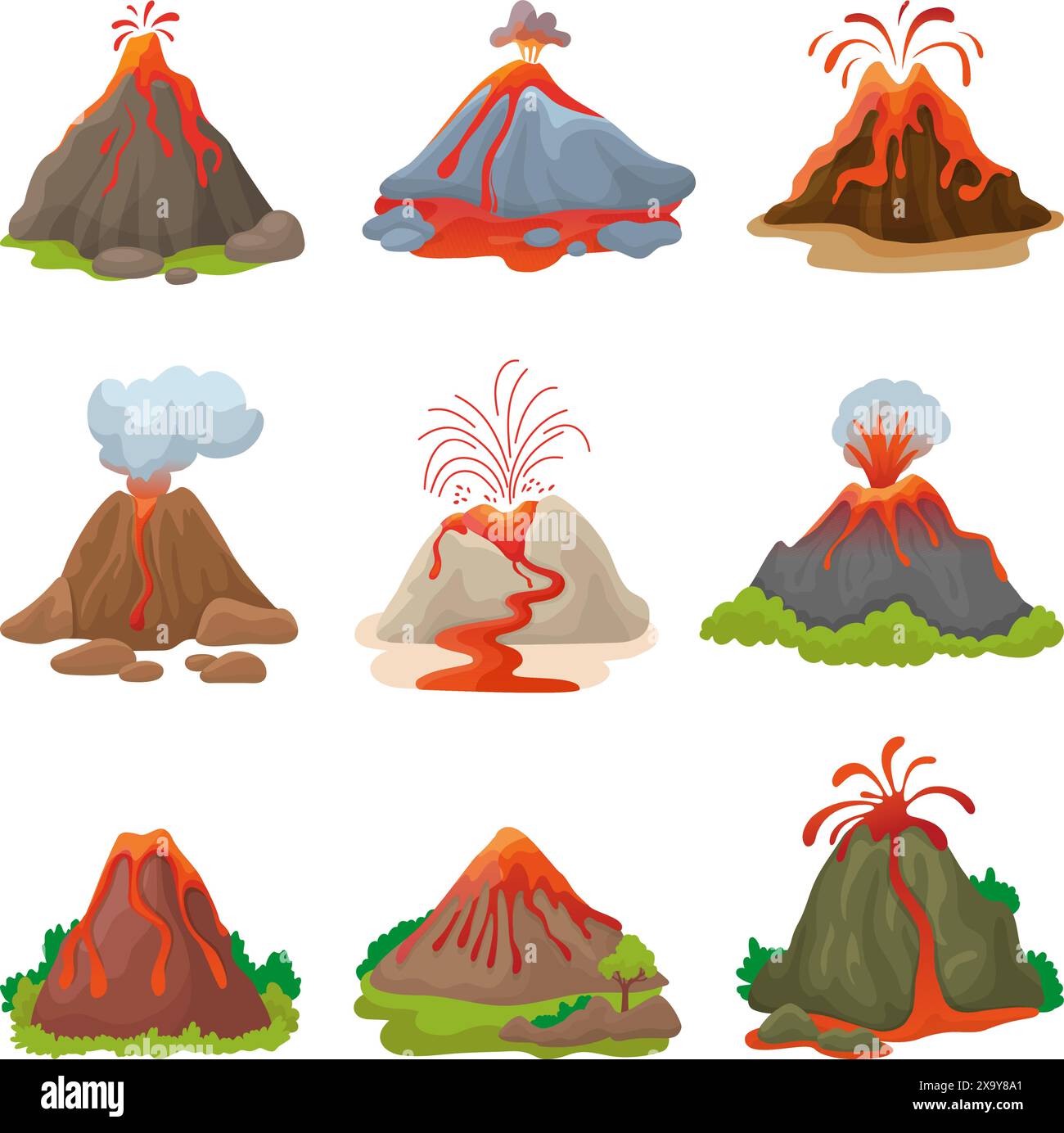 Volcan de dessin animé. Processus d'éruption, volcans avec magma et fontaines de feu. Coulées de lave, éruptions volcaniques catastrophes naturelles vecteur néotérique Illustration de Vecteur