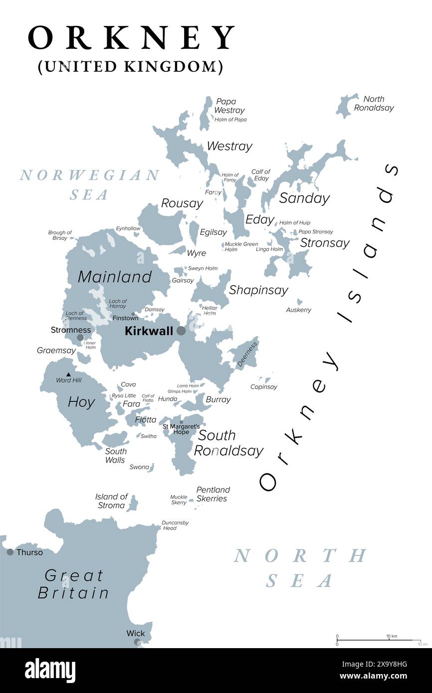 Orcades ou îles Orcades, carte politique grise. Archipel d'environ 70 îles dans les îles du Nord de l'Écosse. Banque D'Images