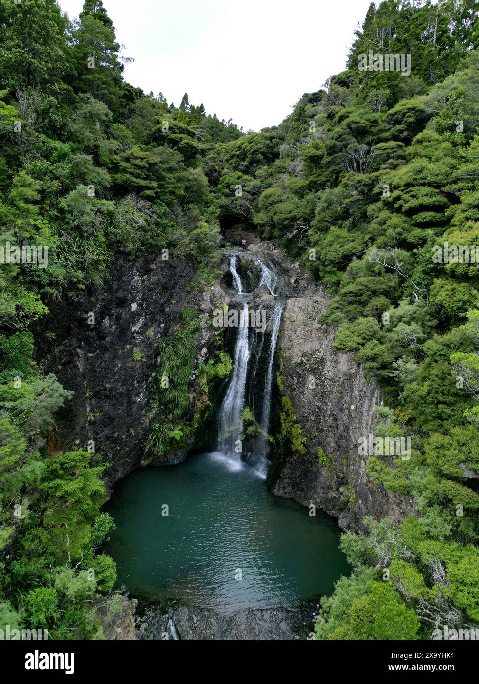 Une vue panoramique sur Kitekite Falls entourée de verdure luxuriante. Nouvelle-Zélande Banque D'Images